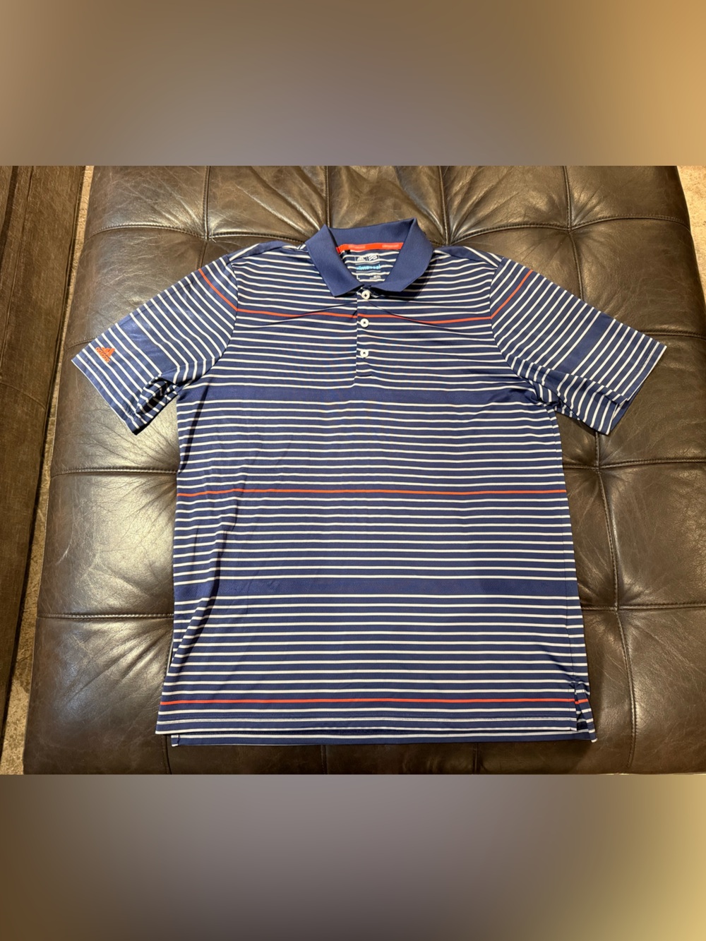 Adidas-Men's Navy Striped Polo Shirt - Performance Short Sleeve Size Large